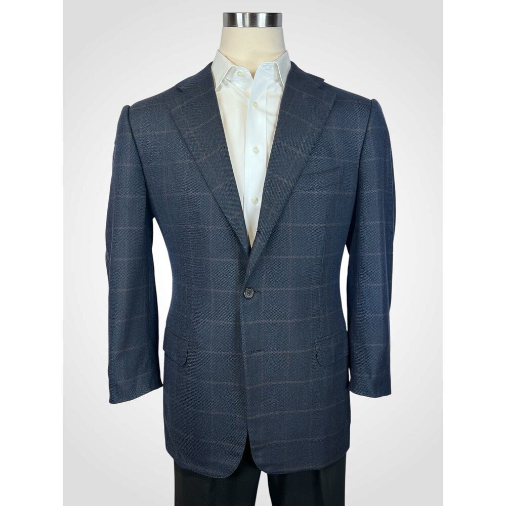 Zegna 15 Milmil 15 Sport Coat 44R Navy Blue Camel Plaid 3/2 Roll - Picture 8 of 16
